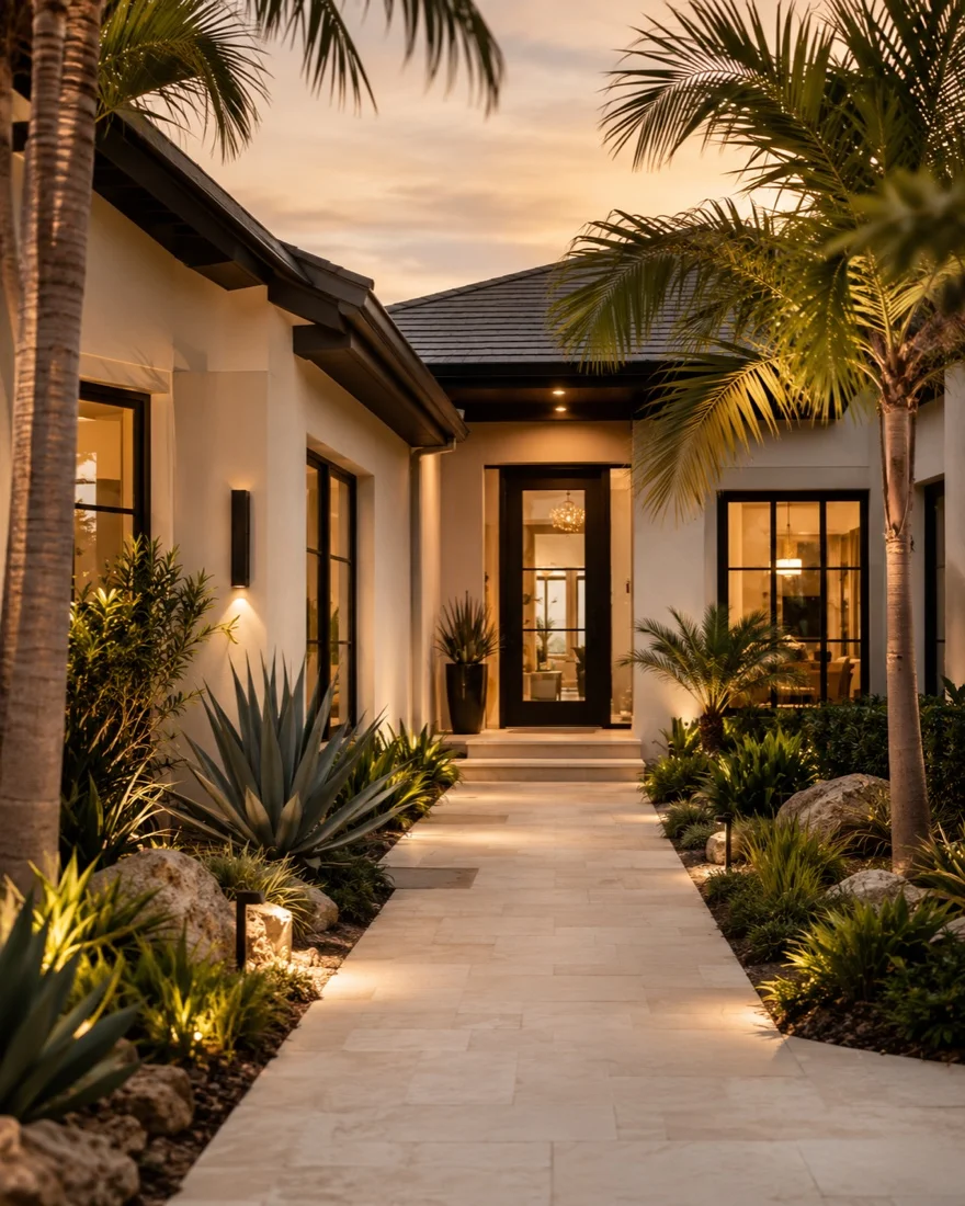 Home entrance framed by tropical landscaping